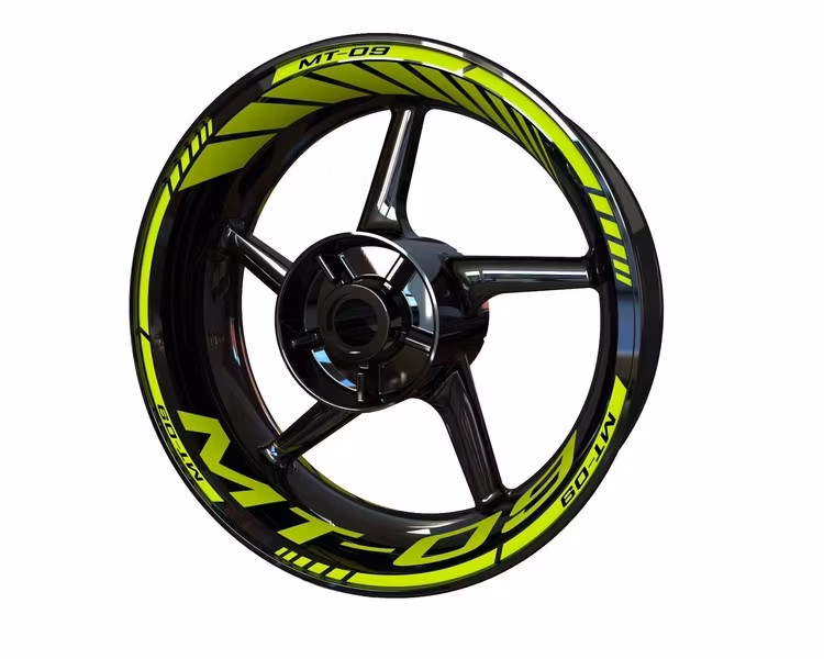 Black rim with Yamaha mt-09 rim stickers in fluorescent yellow