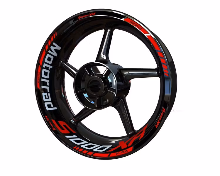 thumbnail interactive-video image 1 of BMW S1000XR Motorcycle Wheel Decals - 12 Rim Stickers Set, Red Stripes, Made In UK 1 of 5