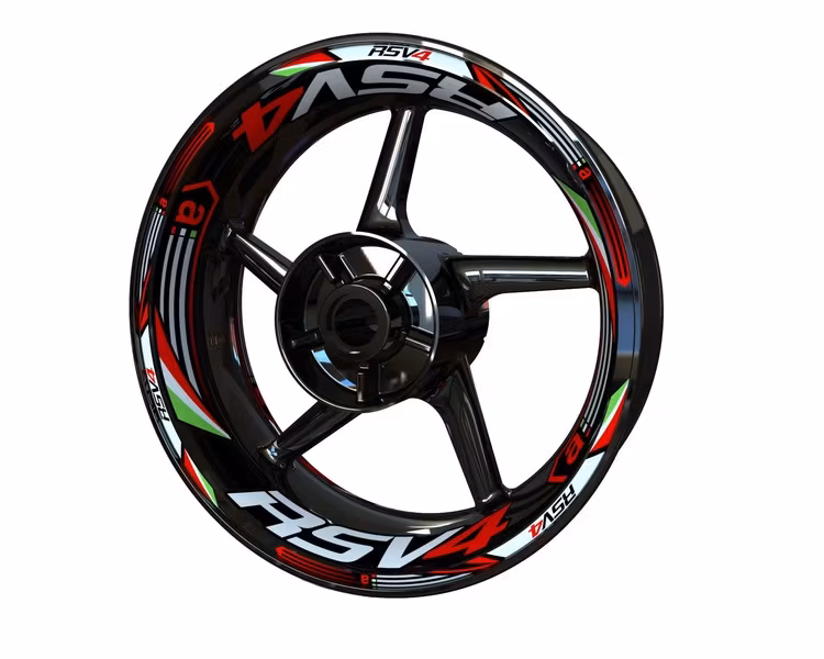 Black rim with Aprilia RSV4 wheel stickers in red, white and green