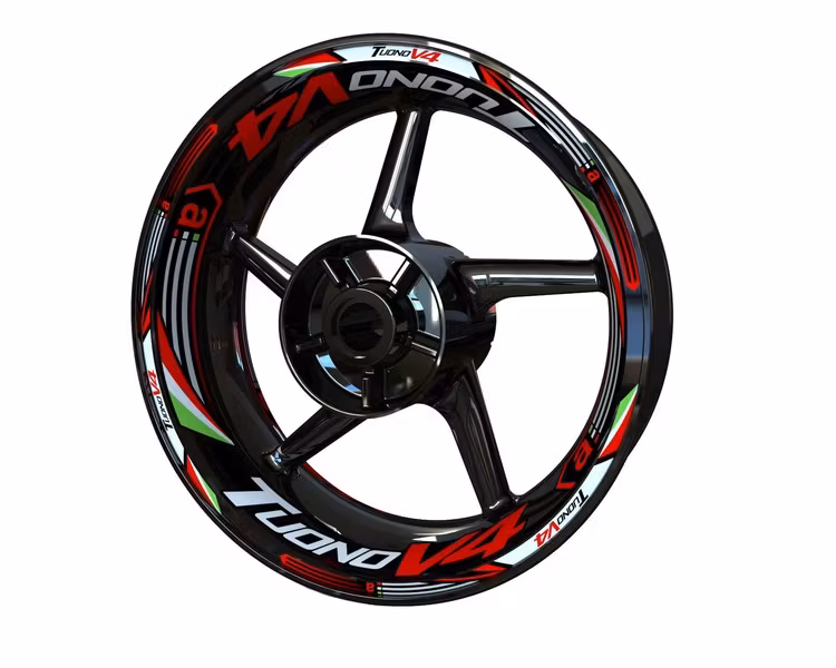 Black rim with Aprilia Tuono V4 rim stickers in red, white and green