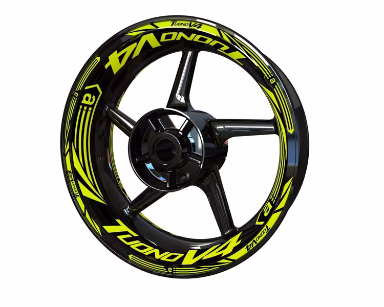 Black motorcycle rim with Aprilia Tuono V4 rim stickers in fluorescent yellow