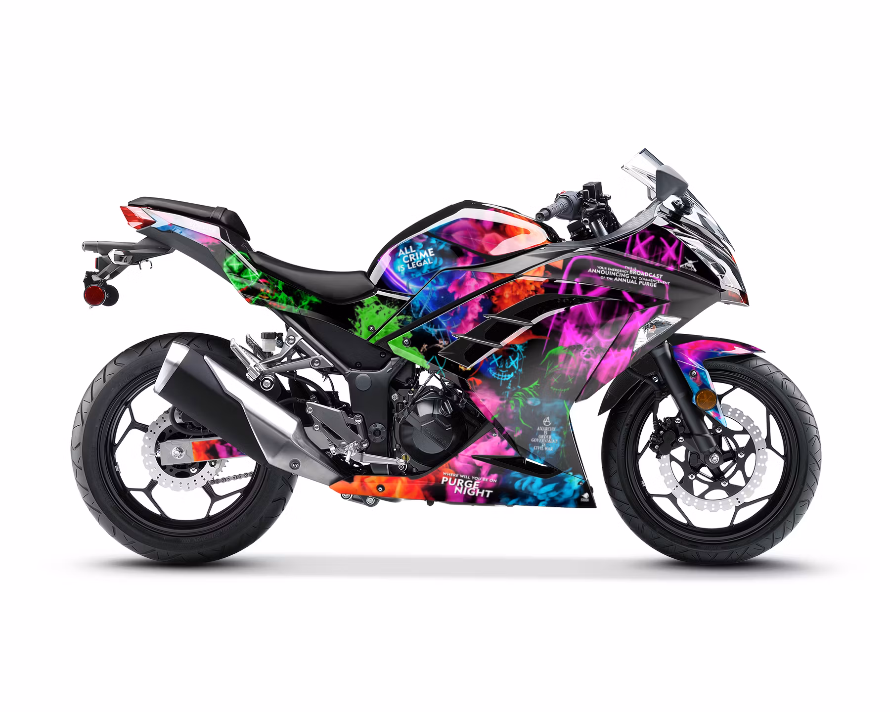 Kawasaki Ninja 300 Faring Graphics with the purge theme in pink, black, green, red and teal