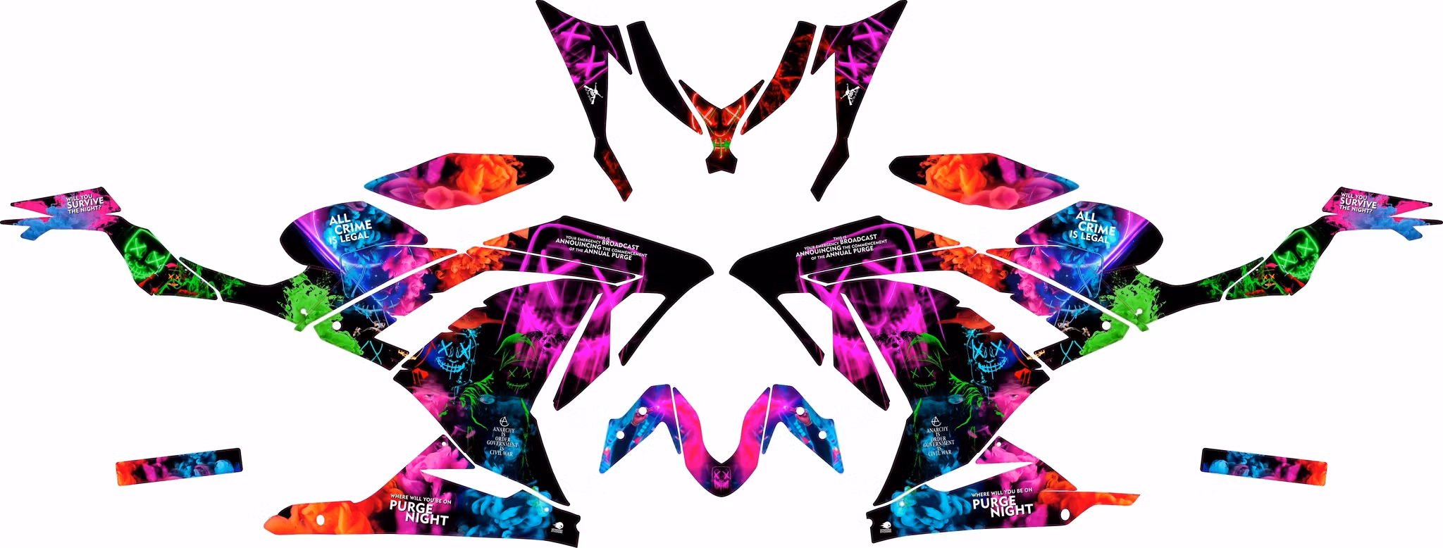 2D mock-up of the parts included in the purge fairing graphics kit.