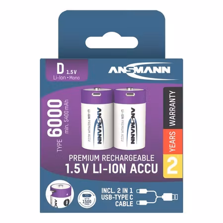 Ansmann uppladdningsbart litiumbatteri D 6000 mAh – 2‑pack