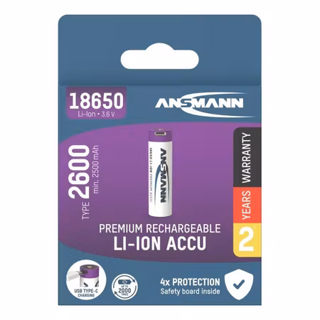 Ansmann uppladdningsbart litiumbatteri 18650 2600 mAh USB‑C