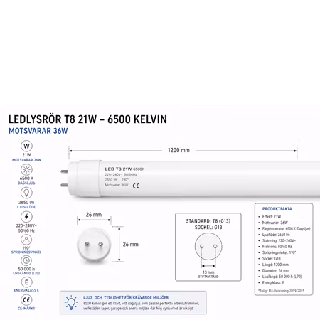 LED T8 Lysrör 21W (36W) 6500K (dagsljus) 26 x 1200mm