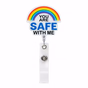 ID-kortholder «You Are Safe With Me» – Uttrekkbar navneskilt-holder med regnbue