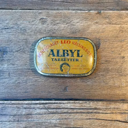 Albyl pillerask vintage plåt gul