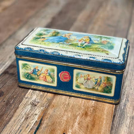 ”Kärnkaffe” vintage plåtburk med mönster