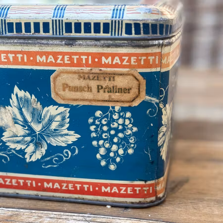 Mazetti vintage plåtburk flerfärgad