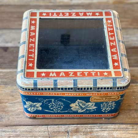 Mazetti vintage plåtburk flerfärgad