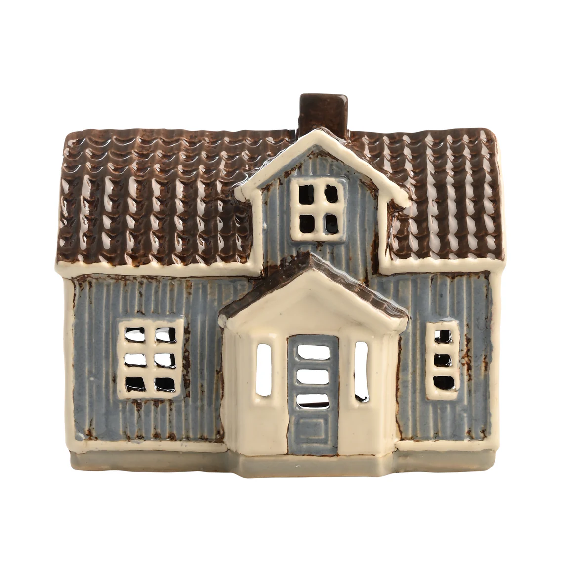 Blått hus med tegletak