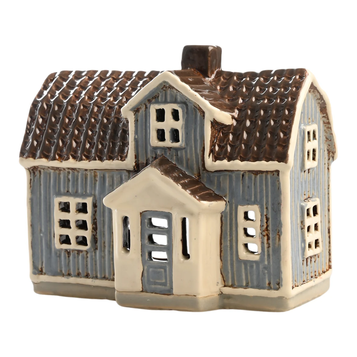 Blått hus med tegletak