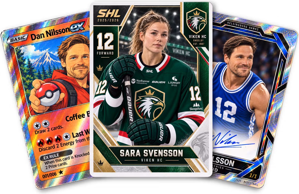 tre custom-kort: Pokémon-stil, hockey och basket med autograf