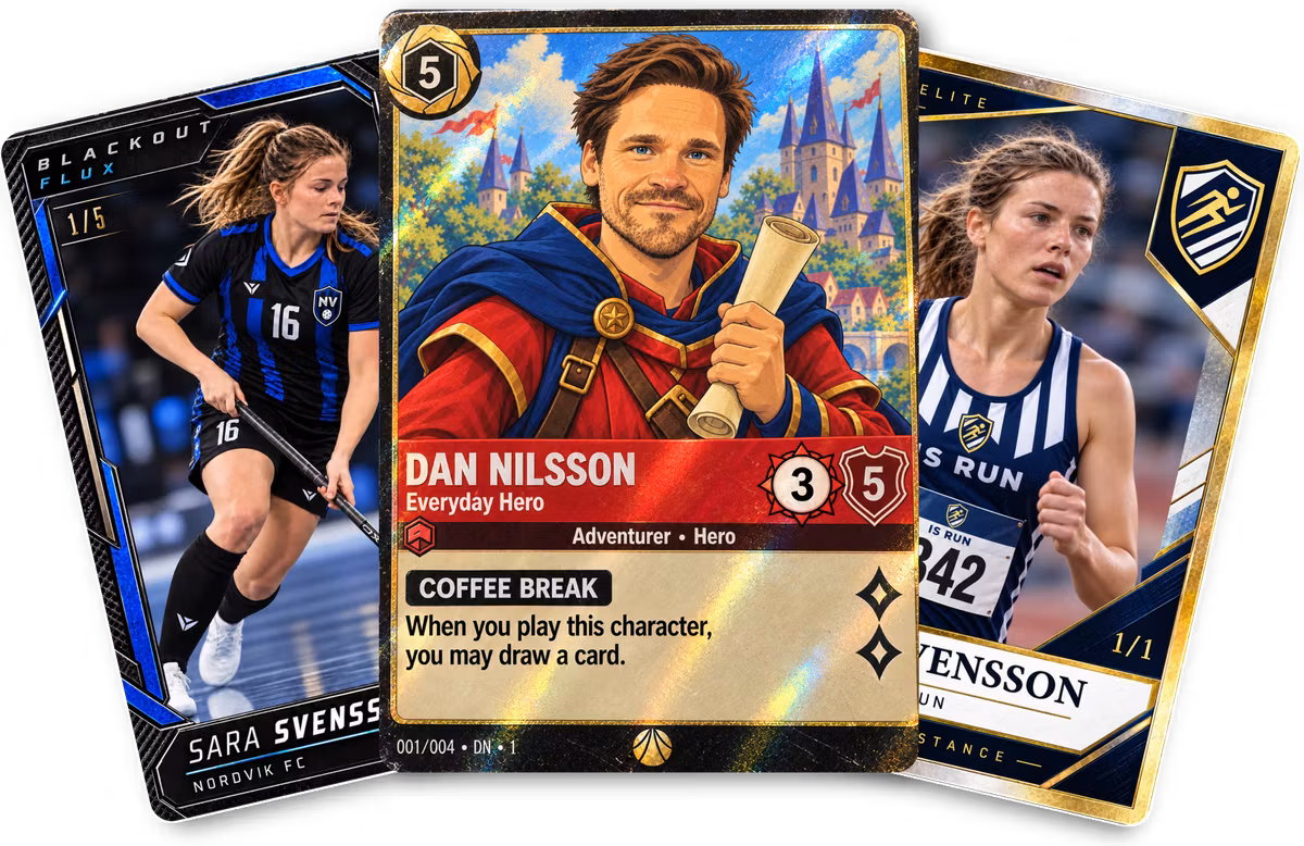 tre custom-kort: innebandy, Lorcana och friidrott