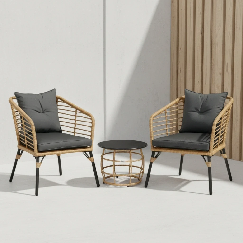Rattan-Sitzgruppe mit Kissen – 2 Sessel und Tisch