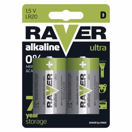 D-batterier / LR20 RAVER alkalisk, 2-pack