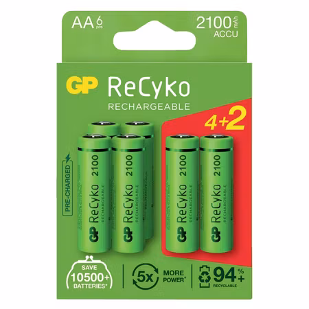 GP ReCyko AA / HR6 2100 mAh – 6-pack uppladdningsbara