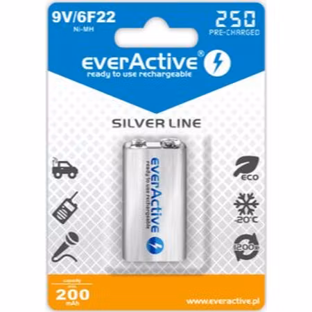 everActive 9V Ni-MH 250 mAh uppladdningsbart batteri redo att användas