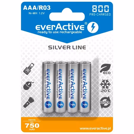 Uppladdningsbara batterier 4x everActive R03 / AAA Ni-MH 800 mAh