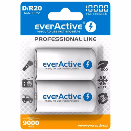 Uppladdningsbara batterier 2x everActive R20/D Ni-MH 10,000 mAh