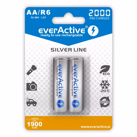 Uppladdningsbara batterier 2 st everActive R6/AA Ni-MH 2000 mAh redo att användas