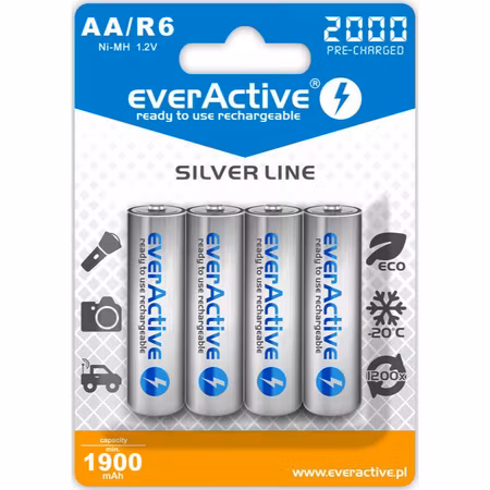 Uppladdningsbara batterier 4 st everActive R6/AA Ni-MH 2000 mAh redo att användas