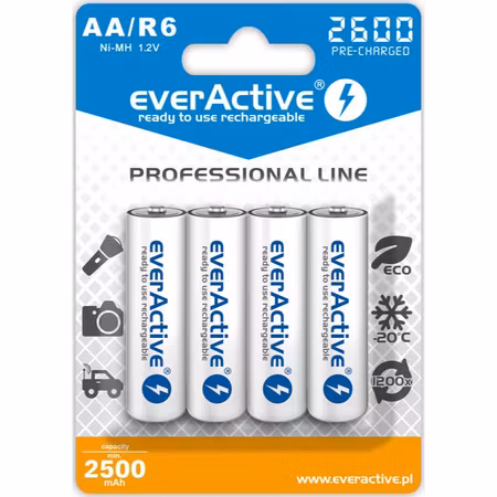 Uppladdningsbara batterier 4 st everActive R6/AA Ni-MH 2600 mAh
