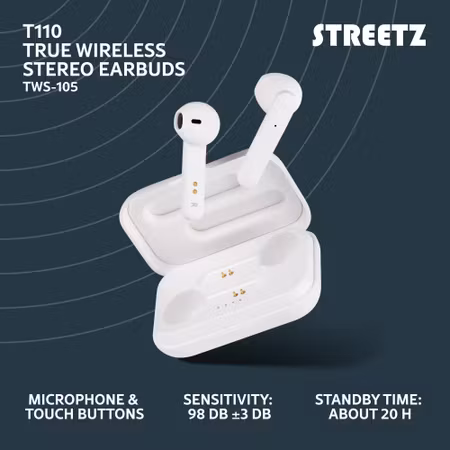 STREETZ TWS-105 True Wireless Hörlurar – Mattvit | Bluetooth 5 och Laddningetui