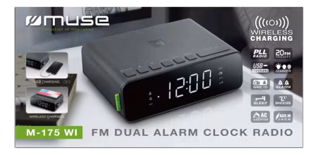 Muse M-175 WI Väckarklocka FM & Trådlös laddning – Dubbla alarm, vit