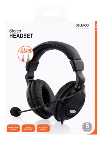 Headset HL-9 med mikrofon & volymkontroll – DELTACO, 2x 3,5 mm, svart