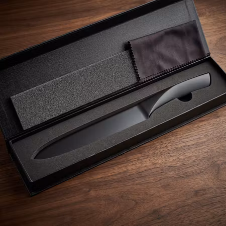 Brödkniv i presentask – svart, tandat blad 20 cm