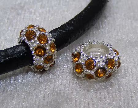 Mellandel, rondell, silver m bärnstensfärgad strass, stort hål