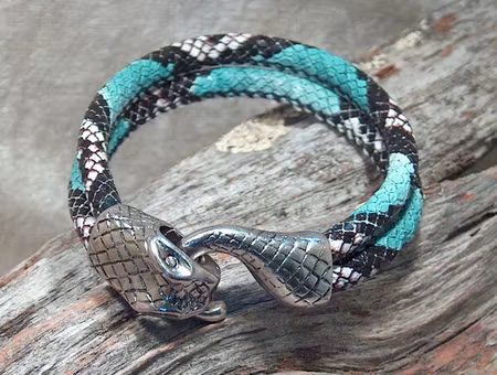 Materialsats, Armband - ormhuvudsfäste + turkos/svart ormskinnsmönstrad