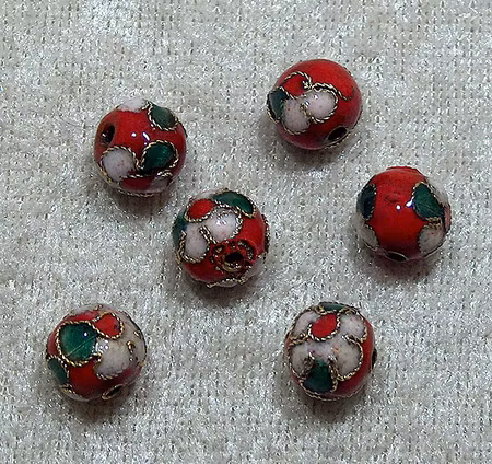 Cloisonne, 10 mm, rund, röd