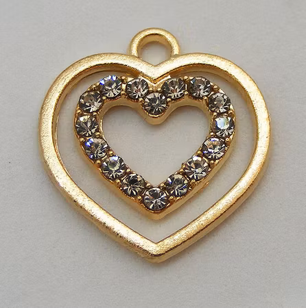 Dubbelhjärta med strass, guld/transparenta stenar