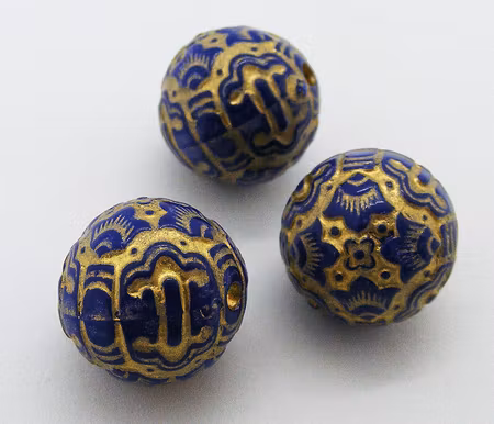 Akrylpärla, rund, blå/guld