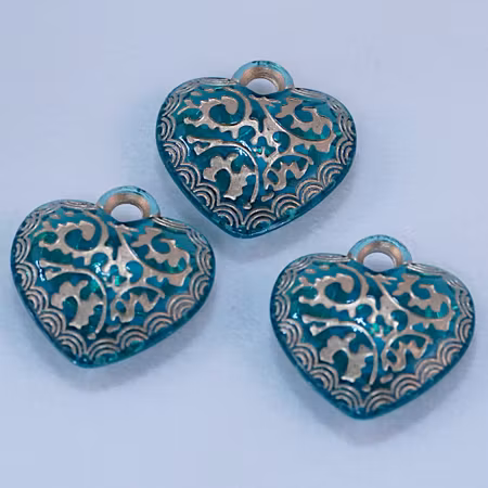 Akrylberlock/hänge, hjärta, teal/guld
