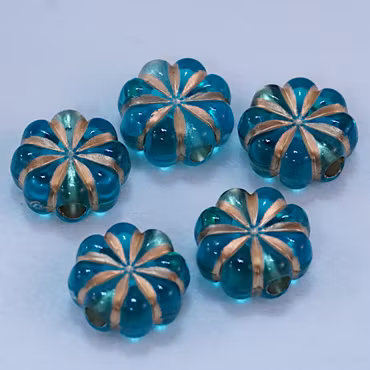 Akrylpärla, blommönstrad, teal/guld