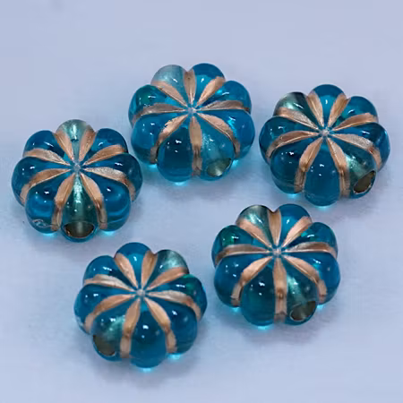 Akrylpärla, blommönstrad, teal/guld
