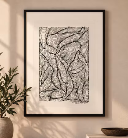 STRØMNINGER - unikt originalverk, A4, signert, 30x40 ramme.