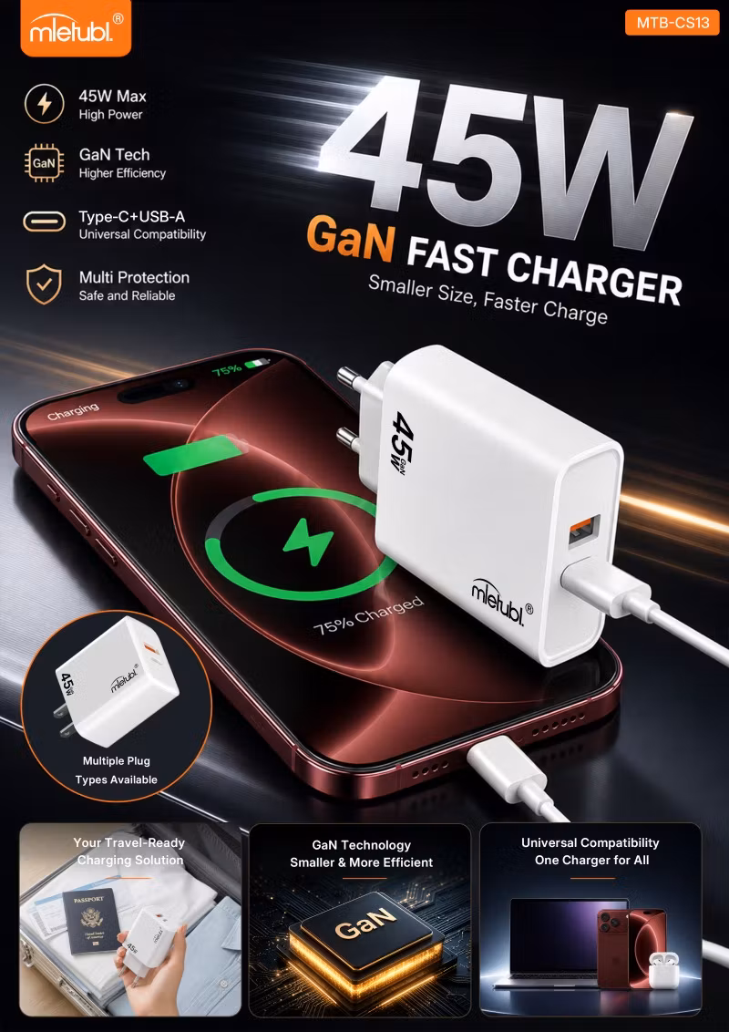 ⚡ 45W GaN med USB C kabel 2 i 1 – Kraftfull laddning i kompakt format Snabb, smidig och effektiv laddning – var du än är.