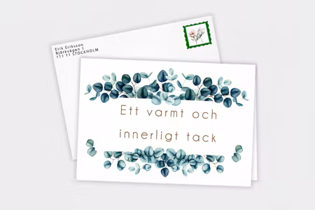 Färdiga begravnings tackkort med motiv av eucalyptus i akvarell inkl. FRANKERAt PREMIUM KUVERT. PORTO BETALT 22kr.