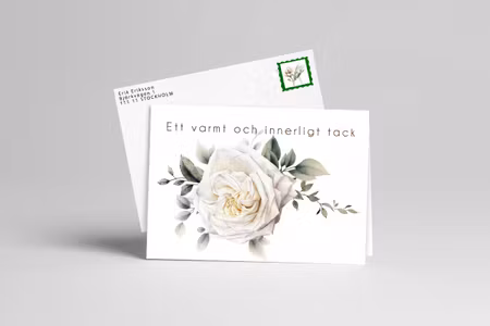 Färdigt tackkort till efter begravningen med motiv av vit ros i akvarell inkl. FRANKERAT PREMIUM KUVERT. PORTO BETALT 22kr