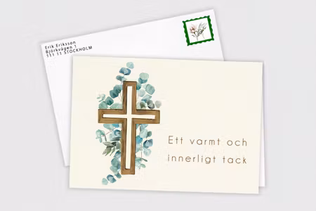 Färdiga tackkort till efter begravningen med motiv av eucalyptus i akvarell. Inkl FRANKERAT PREMIUM KUVERT. PORTO BETALT 22kr