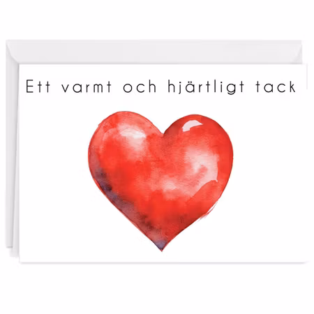 Färdiga tackkort till efter begravningen med motiv av rött hjärta inklusive ofrankerat premium kuvert.