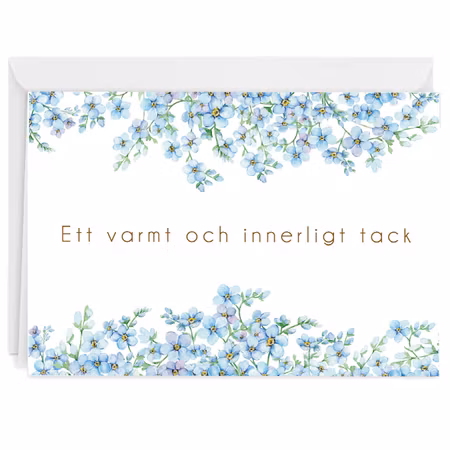 Färdiga begravnings tackkort med motiv av förgätmigej i akvarell inklusive ofrankerat premium kuvert