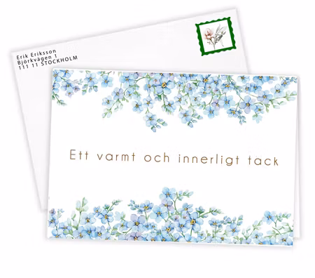 Färdigt tackkort till efter begravningen med motiv av förgätmigej i akvarell inklusive FRANKERAT PREMIUM KUVERT.  PORTO BETALT 22kr.